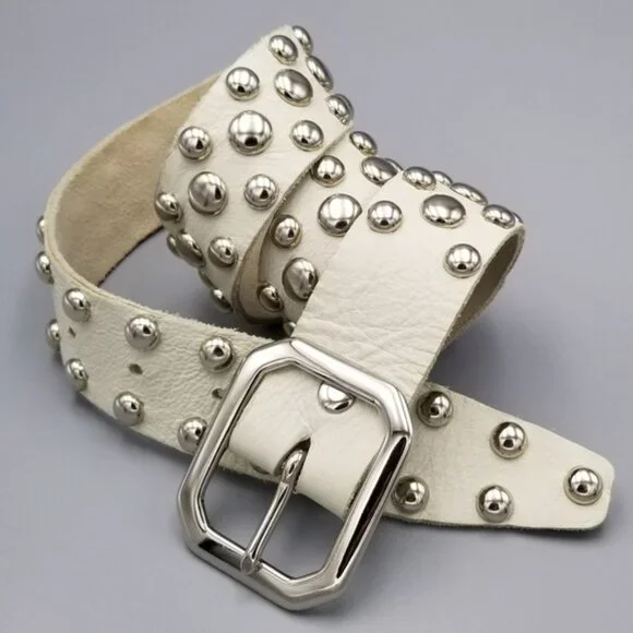 Melamed Biker chrome studded leather belt white silver